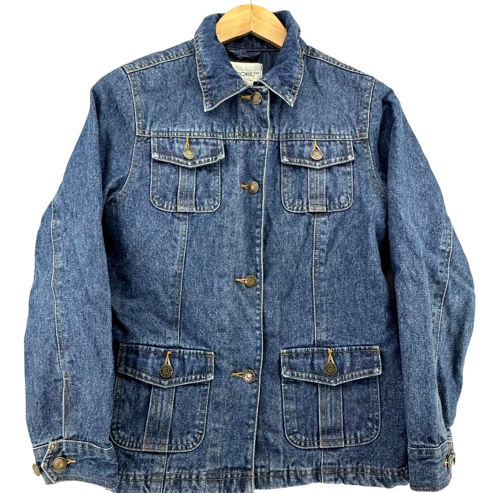 VTG Cherokee Kids Denim Jacket Blue Quilted Lined‎ Button UP Chore Pockets SZ L